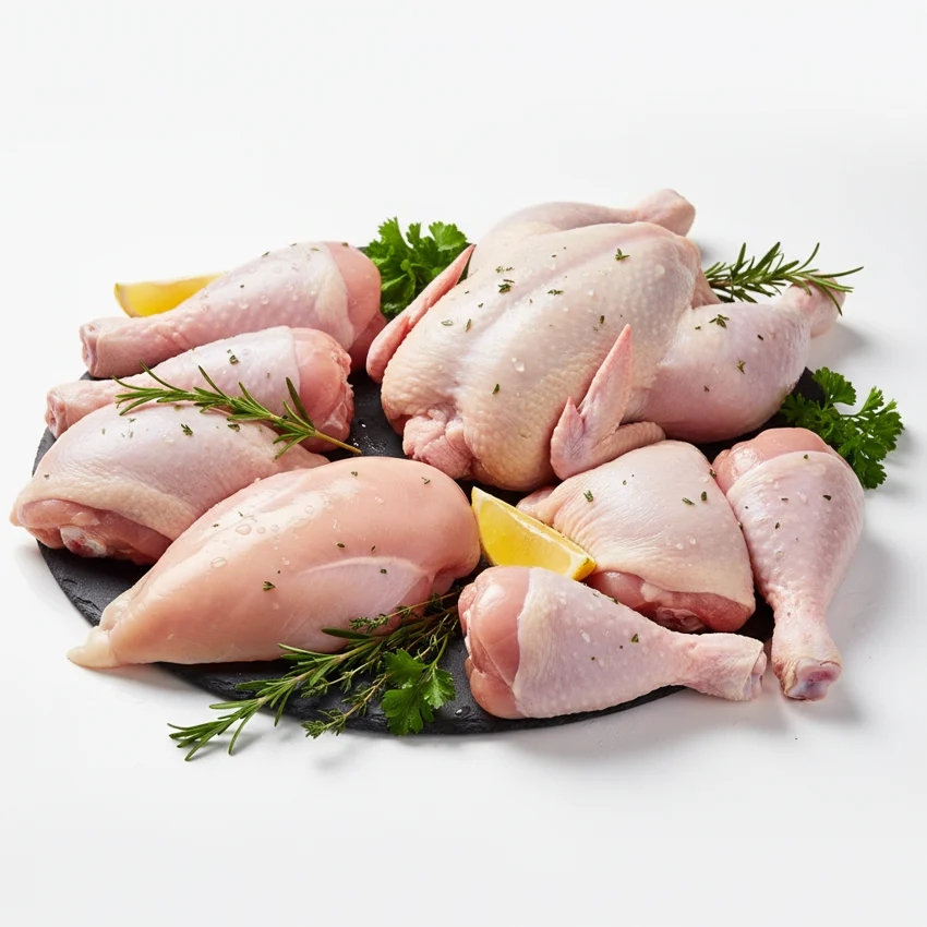 Selección de pollo entero y cortes de pollo
